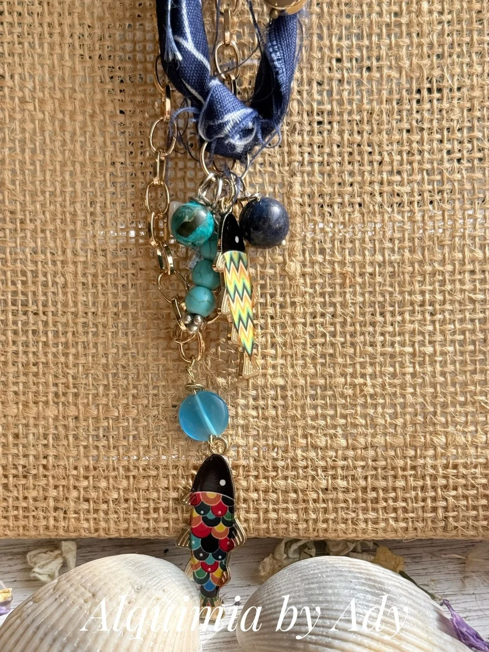 Layered gold Multicolor Enamel Fish Charm Necklace with Turquoise Beads